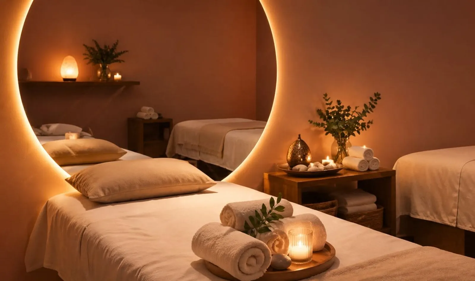 Cabinas de masaje de Kuxtal SPA con velas y toallas